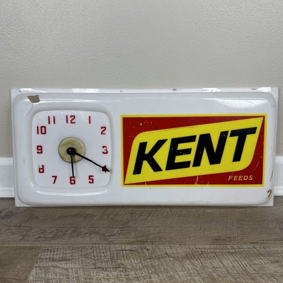 Vntg 24”x 11” Kent Feeds Sign Clock White Red Plastic Animal Feed‎ Company READ - Picture 1 of 16